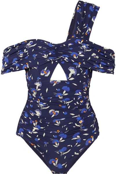 Shop Self-portrait Off-the-shoulder Cutout Floral-print Swimsuit In Navy