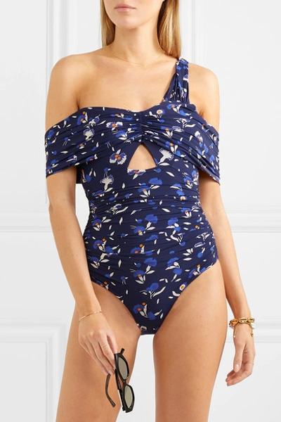 Shop Self-portrait Off-the-shoulder Cutout Floral-print Swimsuit In Navy