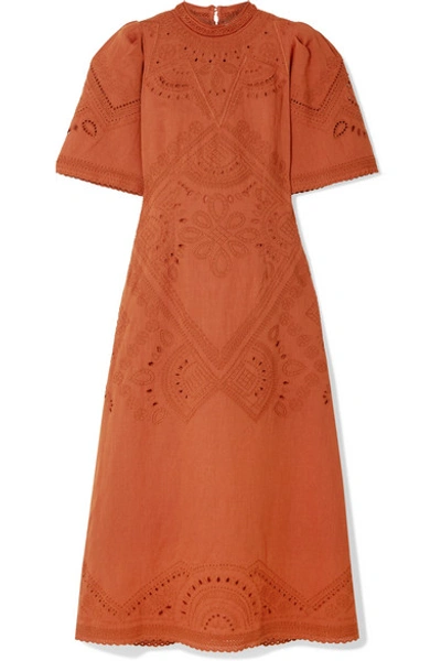 Shop Sea Agatha Broderie Anglaise Linen And Cotton-blend Midi Dress In Orange