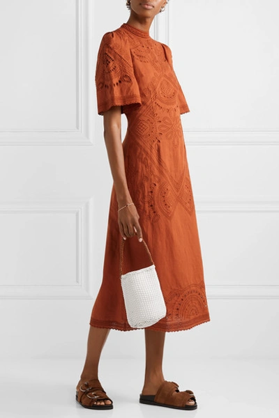 Shop Sea Agatha Broderie Anglaise Linen And Cotton-blend Midi Dress In Orange