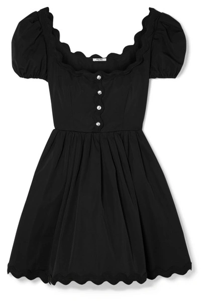 Shop Miu Miu Scalloped Crystal-embellished Cotton-poplin Mini Dress In Black