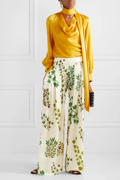 Shop Oscar De La Renta Pleated Printed Silk-jacquard Wide-leg Pants In Ecru