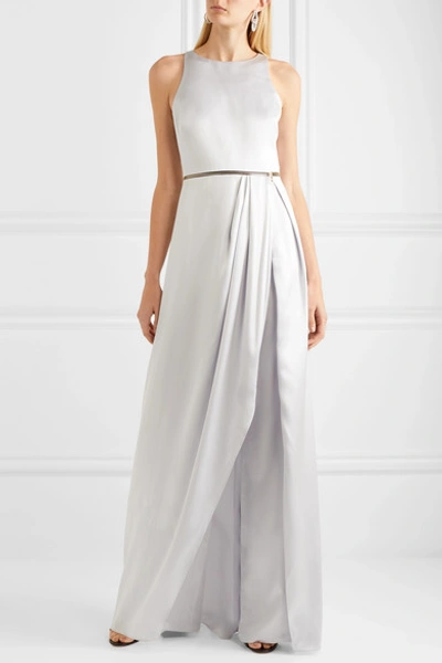 Shop Brandon Maxwell Asymmetric Draped Metallic Silk-charmeuse Tunic In Silver