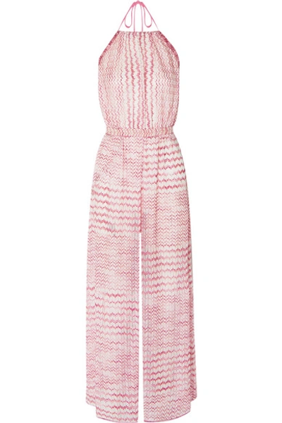 Shop Missoni Open-back Crochet Halterneck Jumpsuit In Pink