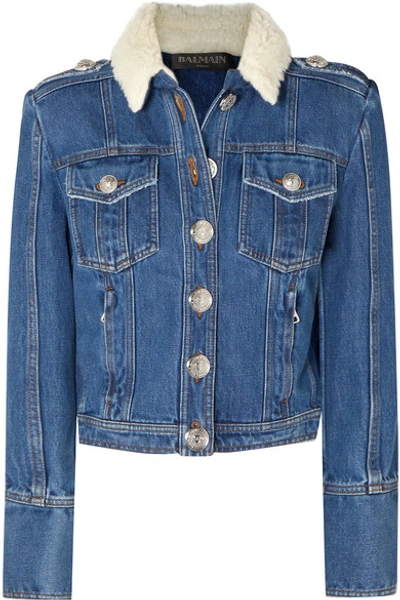 Shop Balmain Button-embellished Shearling-trimmed Denim Jacket In Blue