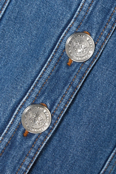 Shop Balmain Button-embellished Shearling-trimmed Denim Jacket In Blue