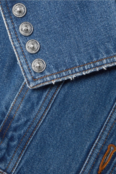 Shop Balmain Button-embellished Shearling-trimmed Denim Jacket In Blue