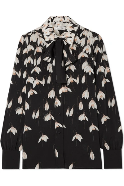 Shop Valentino Pussy-bow Floral-print Silk Crepe De Chine Blouse In Black