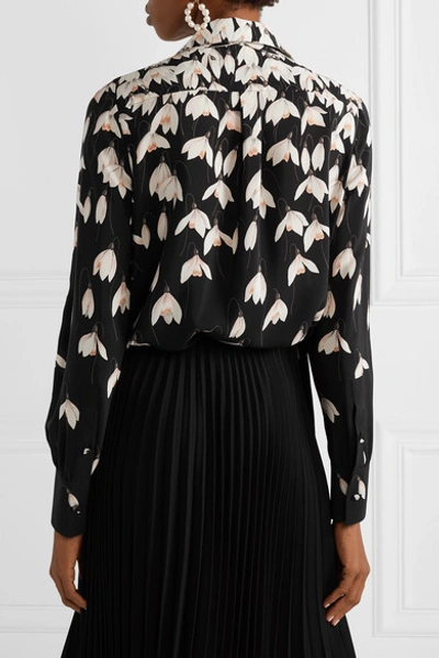 Shop Valentino Pussy-bow Floral-print Silk Crepe De Chine Blouse In Black