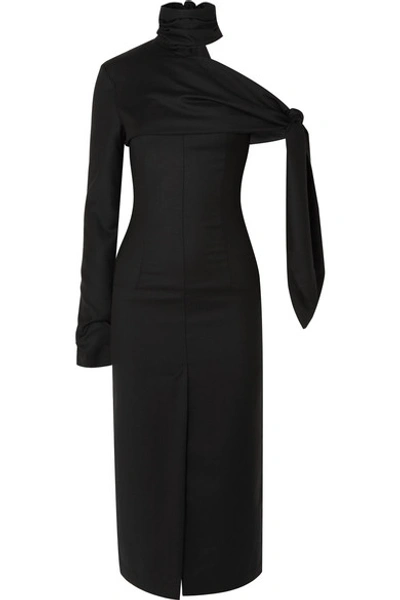 Shop Materiel Draped One-shoulder Wool Midi Dress In Black