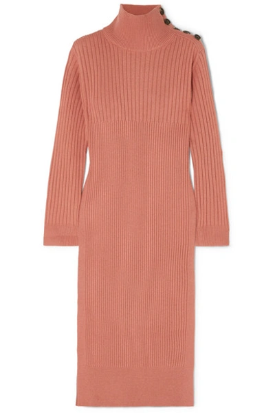 Shop See By Chloé Ribbed Wool-blend Turtleneck Midi Dress In Blush