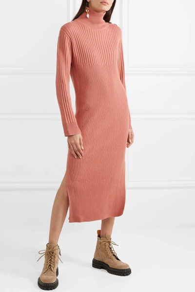 Shop See By Chloé Ribbed Wool-blend Turtleneck Midi Dress In Blush