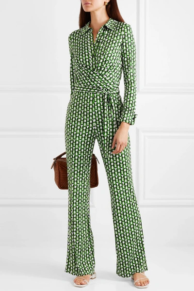Shop Diane Von Furstenberg Michele Wrap-effect Printed Silk-jersey Jumpsuit In Green