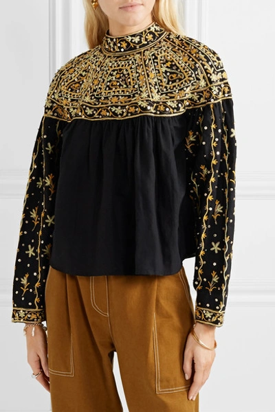 Shop Ulla Johnson Kiara Embellished Linen And Cotton-blend Blouse In Black