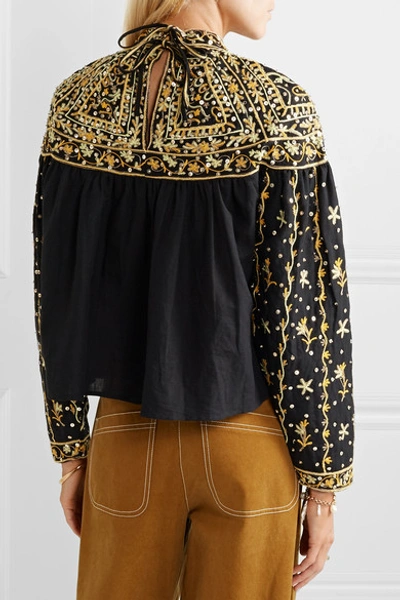 Shop Ulla Johnson Kiara Embellished Linen And Cotton-blend Blouse In Black