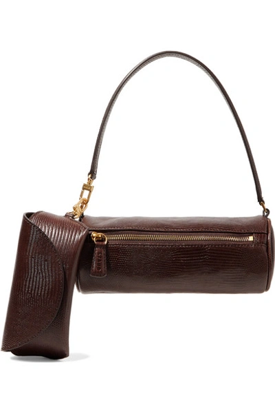 Shop Staud Suzy Lizard-effect Leather Tote In Brown