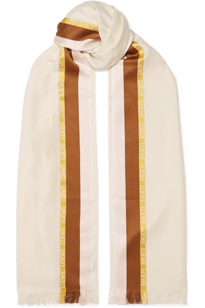 Shop Loewe Embroidered Striped Silk, Wool And Cashmere-blend Scarf In White