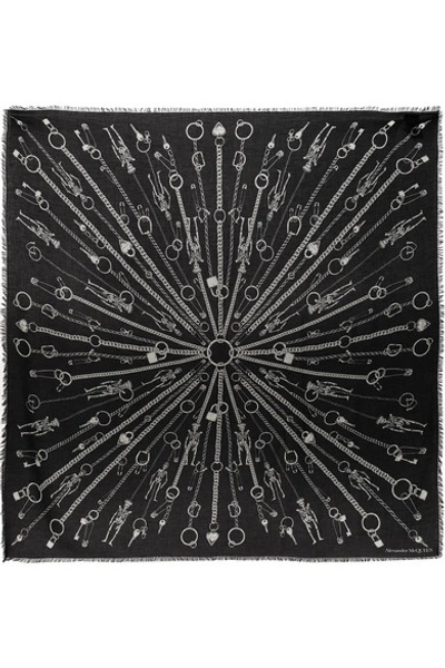 Shop Alexander Mcqueen Printed Modal And Wool-blend Scarf In Black