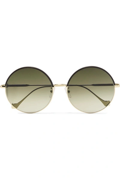 Shop Loewe Round-frame Leather-trimmed Gold-tone Sunglasses In Brown