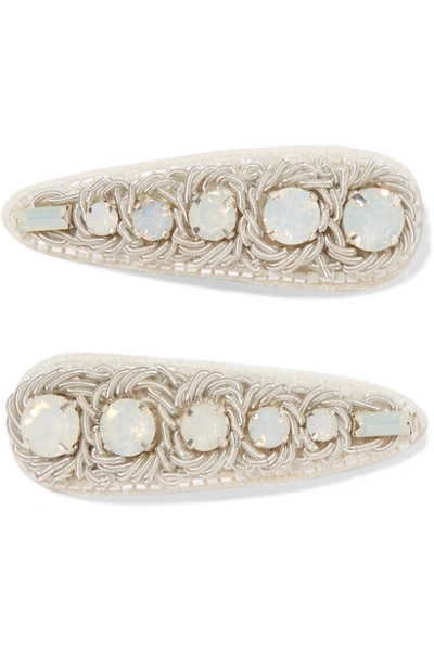 Shop Ranjana Khan Set Of Two Canvas, Silver-tone And Crystal Hair Clips In White