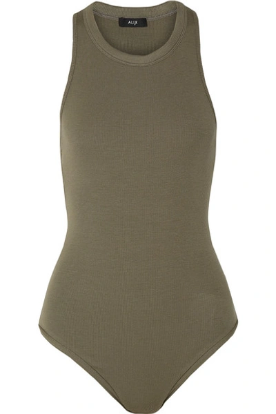 Shop Alix Bergen Ribbed Stretch-modal Jersey Thong Bodysuit In Army Green