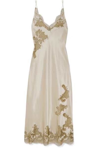 Shop Carine Gilson Chantilly Lace-trimmed Silk-satin Chemise In Gold
