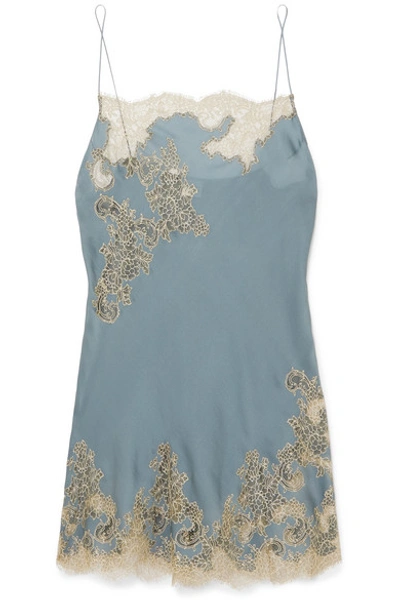 Shop Carine Gilson Chantilly Lace-trimmed Silk-satin Chemise In Blue