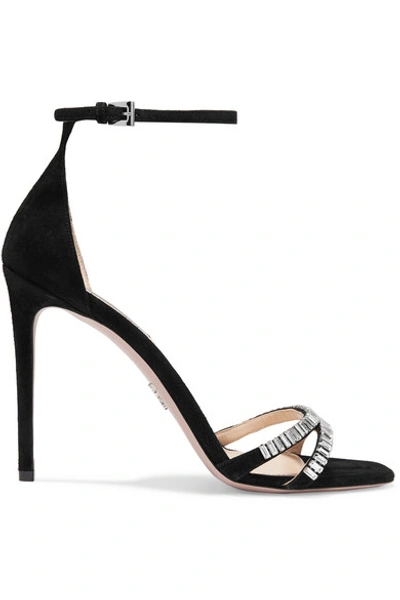 Shop Prada 105 Crystal-embellished Suede Sandals In Black