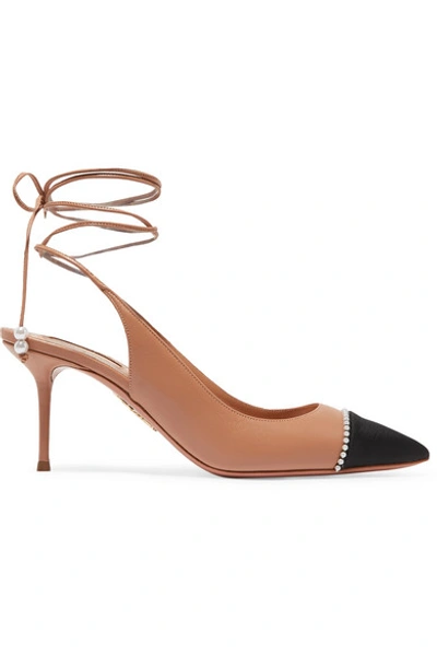 Shop Aquazzura Mystique 75 Faux Pearl-embellished Faille And Leather Pumps In Sand