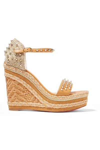 Shop Christian Louboutin Madmonica 120 Spiked Raffia And Leather Espadrille Wedge Sandals