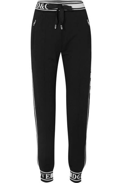 Shop Dolce & Gabbana Jacquard-trimmed Cotton-jersey Track Pants In Black