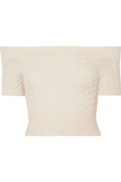 Shop Alexander Mcqueen Off-the-shoulder Cable-knit Wool-blend Top In Ivory