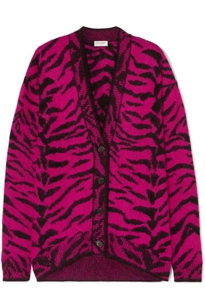 Shop Saint Laurent Zebra-intarsia Wool-blend Cardigan In Pink