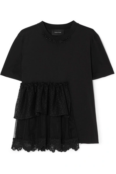 Shop Simone Rocha Embellished Ruffled Lace And Tulle-trimmed Cotton-jersey T-shirt In Black