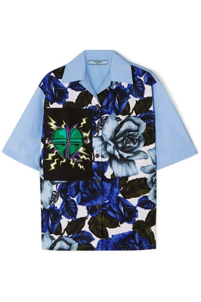 Shop Prada Printed Cotton-poplin Shirt In Blue