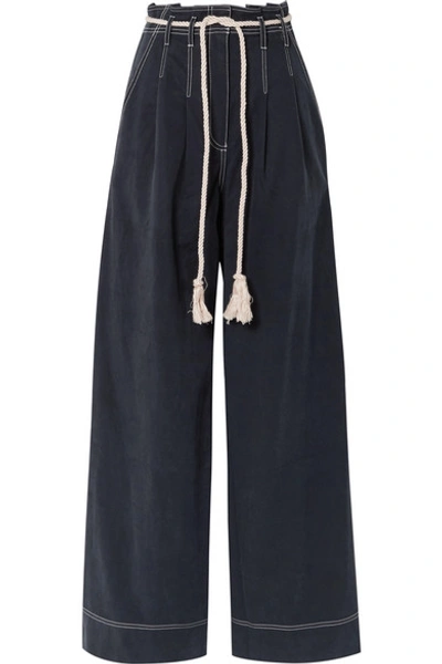 Shop Ulla Johnson Soren Belted Tencel And Cotton-blend Wide-leg Pants In Midnight Blue
