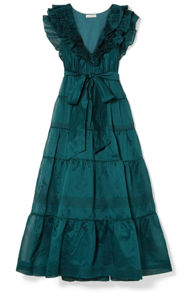 Shop Ulla Johnson Severine Ruffled Tiered Cotton And Silk-blend Maxi Dress In Petrol
