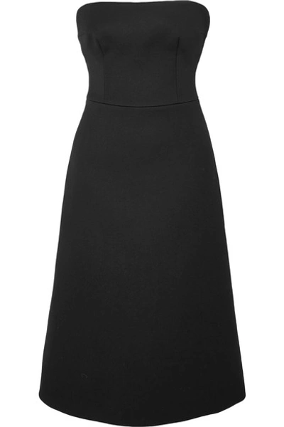 Shop Prada Strapless Wool-gabardine Midi Dress In Black