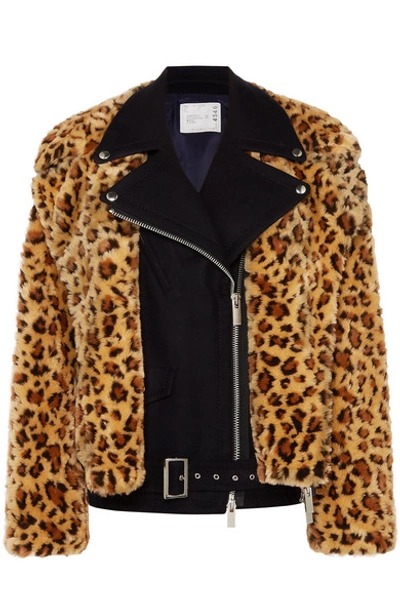 Shop Sacai Wool And Leopard-print Faux Fur Biker Jacket In Leopard Print