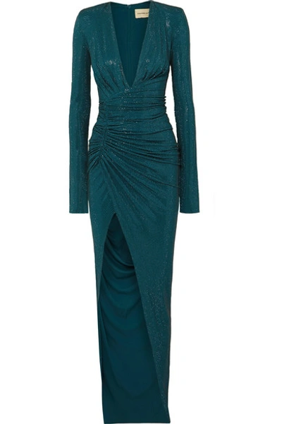 Shop Alexandre Vauthier Crystal-embellished Ruched Stretch-crepe Gown In Petrol