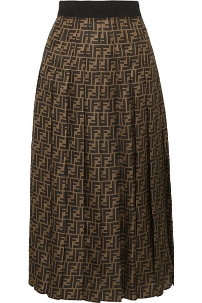 Shop Fendi Pleated Silk-jacquard Midi Skirt In Brown