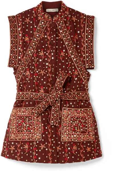 Shop Ulla Johnson Indira Embellished Embroidered Linen And Cotton-blend Vest In Burgundy