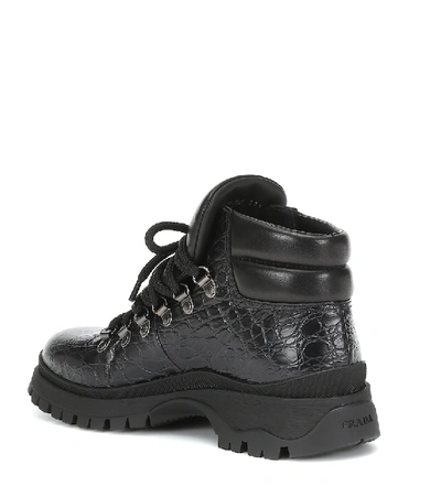Shop Prada Croc-effect Leather Ankle Boots In Black