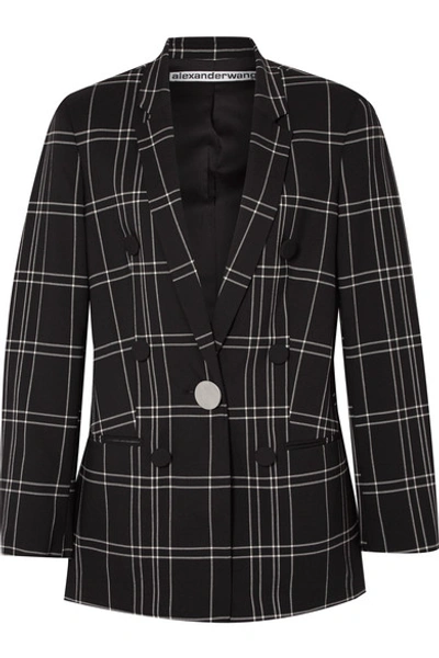 Shop Alexander Wang Leather-trimmed Checked Woven Blazer In Black