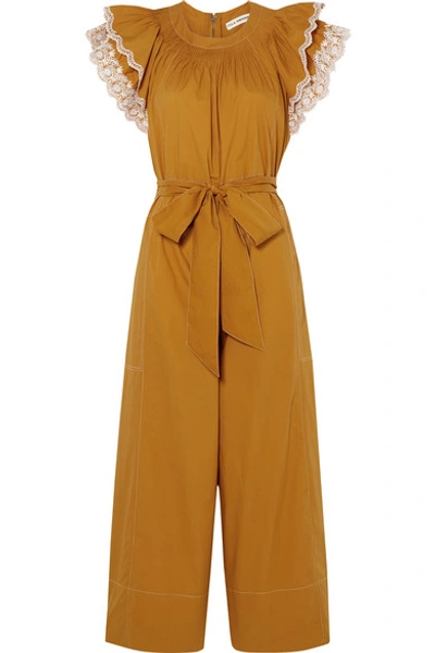 Shop Ulla Johnson Landon Ruffled Broderie Anglaise-trimmed Cotton-poplin Jumpsuit In Saffron