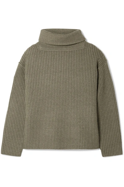 Shop Alexander Wang Oversized Ribbed Wool-blend Turtleneck Sweater In Army Green