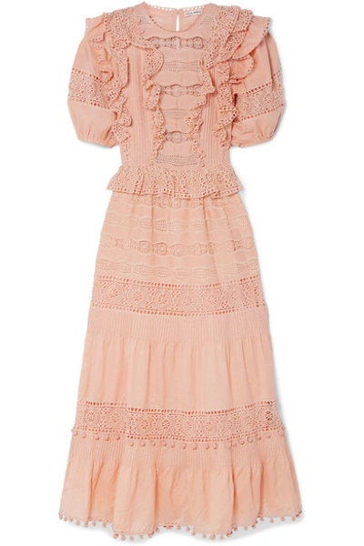 Shop Ulla Johnson Guinivere Crochet-trimmed Broderie Anglaise Cotton-blend Maxi Dress In Peach