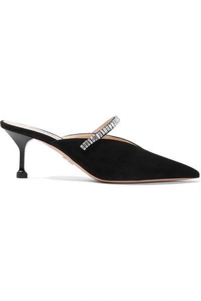 Shop Prada 65 Crystal-embellished Suede Mules In Black