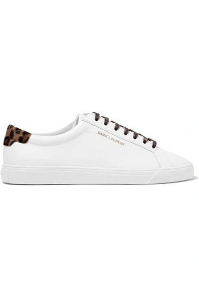 Shop Saint Laurent Andy Calf Hair-trimmed Leather Sneakers In White