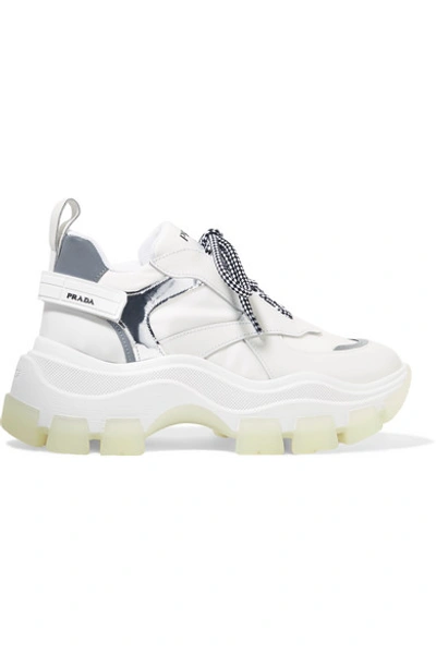 Shop Prada Pegasus Metallic-paneled Leather And Canvas Sneakers In White